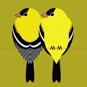 Scott Partridge - illustration - goldfinch pair on green