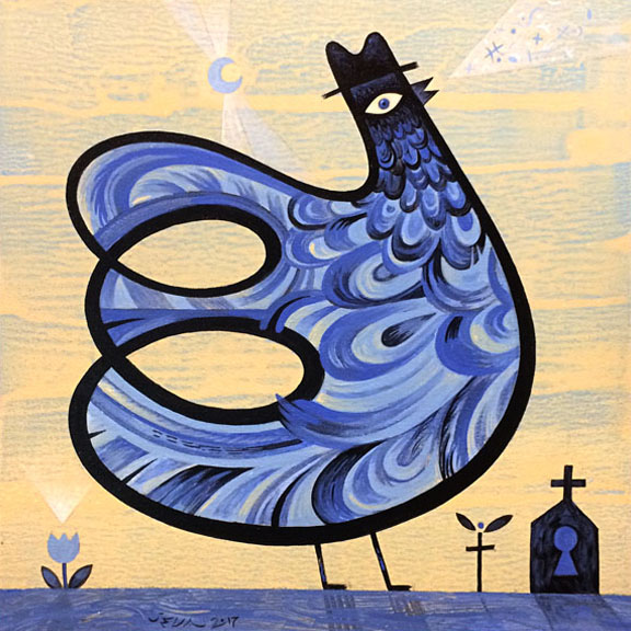 Scott Partridge - painting - bird on yellow with hat