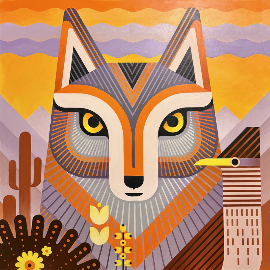 Scott Partridge - coyote roadrunner 45x45 2025 - acrylic painting